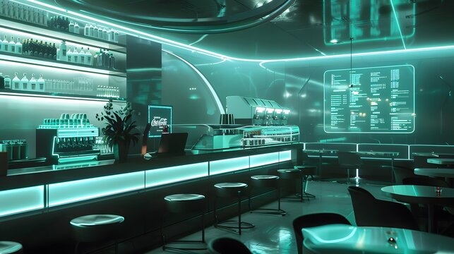 A futuristic coffee shop with holographic menus and neon seating, serving bioluminescent lattes style