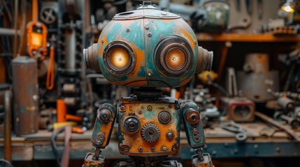 Fototapeta premium Steampunk robot in workshop - generative ai