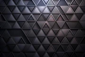 Obraz premium Dark abstract geometric pattern featuring intricate black triangle shapes intertwined with diagonal lines and subtle gradient effects on a mysterious matte background.
