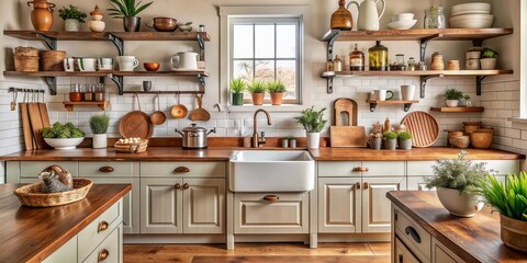 Cozy rustic kitchen features open shelves, farmhouse sink, vintage wall signs, copper pots, and a single breadbox, evoking warmth and nostalgia in a classic setting.