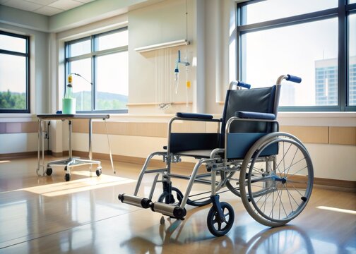 Lonely wheelchair sits empty in a hospital room, oxygen tank and medical equipment nearby, hinting at an absent elderly patient's fragile existence.
