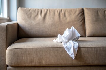 Empty couch with a crumpled paper napkin or handkerchief, hinting at a sick person's recent presence, amidst the ongoing pandemic and Covid outbreak in 2024-2025.