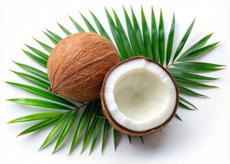 Fresh whole coconut and its half, surrounded by a palm leaf, placed isolated on a pure white background, showcasing its natural beauty from top view.