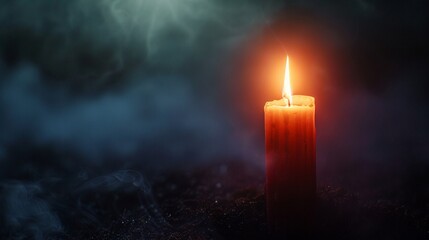 Fototapeta premium A single, slender candle casting a soft glow against a vast, dark backdrop