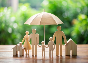 A miniature umbrella shields a family of wooden models on a table, conveying a sense of safety, protection, and security in health and insurance matters.