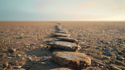 A line of small stones leading to the horizon on an empty beach, guiding the viewers eye