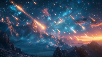 Obraz premium Spectacular meteor shower over mountain landscape - generative ai