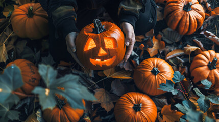 Magical Halloween Pumpkin Scene in Autumn Forest