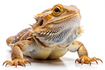 Fototapeta premium Isolated on a pure white background, a vibrant bearded dragon Pogona vitticeps displays its spiky scales, sturdy body, and friendly demeanor in stunning detail.