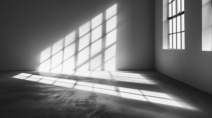 The stark shadow of a window frame cast on an empty floor, playing with light and geometry