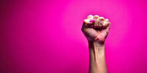 A strong, isolated fist rises against a bright pink background, symbolizing female strength, courage, and solidarity, empowering women to stand up for their rights.