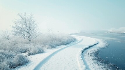A gently curving path leading through a blank, snowy landscape under a pale sky