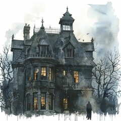 Obraz premium A ghostly figure peeking through the window of a haunted mansion, supernatural touch, watercolor illustration, isolated on white background