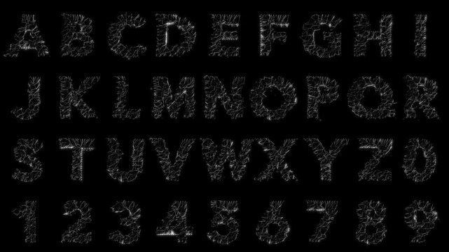 Pack of 36 polygonal typefaces on black background