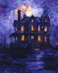 A haunted house with shadowy figures at night, eerie illustration, watercolor drawing, isolated on white background