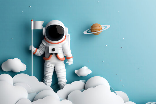 Paper cut style astronaut planting a flag on a colorful, otherworldly landscape