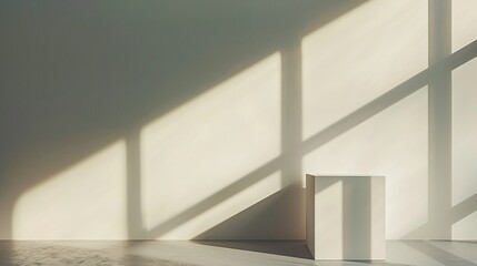 Fototapeta premium The crisp shadow of a minimalist, modern sculpture cast upon a blank wall in the soft light