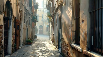 Fototapeta premium A narrow, empty alleyway bathed in the soft, even light of the early morning