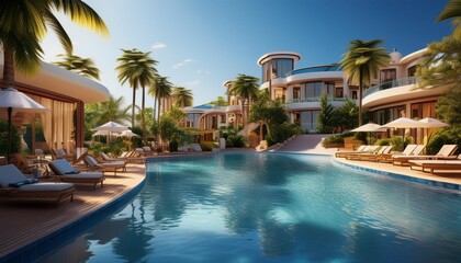 夏のリゾートホテルとプールサイド
