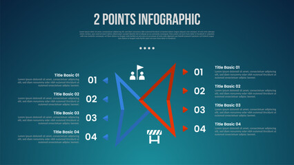 2 or two point template comparison versus things in infographic with creative sharp outline shape unbalance with modern dark style for slide presentation