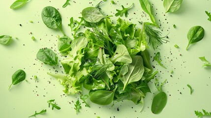 Obraz premium Minimalist flat lay of a fresh salad with mixed greens, shown in clear and ultra-sharp 3D drawing techniques