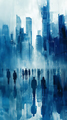 Obraz premium Abstract Urban Silhouette of Professional Figures in Misty Blue Cityscape - Concept for Business Metaphor