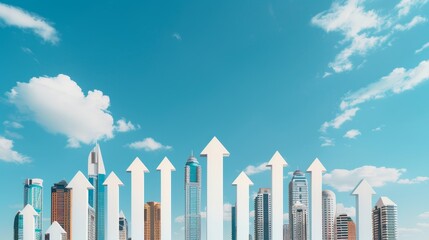 Fototapeta premium Skyline of an emerging city with arrows piercing the sky from buildings, highlighting economic expansion and investment prospects