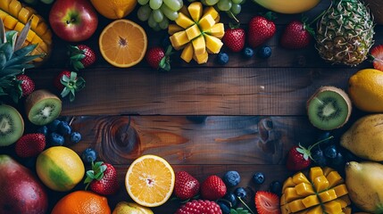 Ultra-sharp image of a flat lay featuring fresh fruit arranged neatly on a wooden table