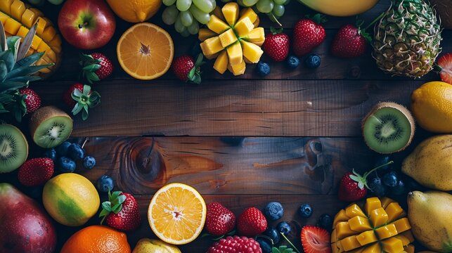 Ultra-sharp image of a flat lay featuring fresh fruit arranged neatly on a wooden table
