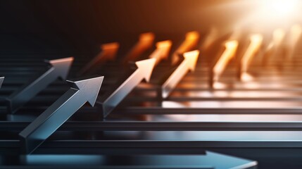 Sleek business environment with dynamic metallic arrows pointing in various directions, representing diverse investment opportunities and growth