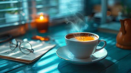 Morning coffee on a blue table with steam - generative ai
