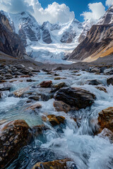 himalayan glacier water flows into the tibetan plateau, clear, bright tibetan plateau, towering himalayan glaciers, landscape photography, hd, detail, 8k, hdr ar 2:3, generative ai