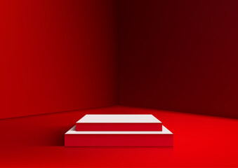 Modern 3D Red Room with White Podium for Product Display and Mockup, Sleek and Minimal Style Design for Showroom