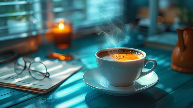 Morning coffee on a blue table with steam - generative ai