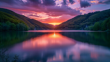 A serene sunset over a tranquil lake surrounded by lush green mountains