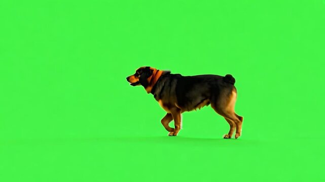 Dog walking on green screen, perfect for animal commercials, pet products