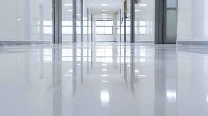 Epoxy resin flooring for commercial use, multiple resilient layers, tough and long-lasting, shiny finish, hard-wearing topcoat, sturdy foundation, seamless application