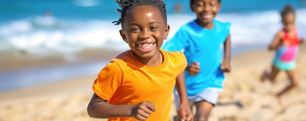 Happy children running on sunny beach, playful, joy, summer