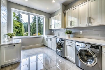 Contemporary laundry room with sleek white cabinets, stainless steel appliances, and large windows allowing natural light, elevated on polished gray stone flooring.