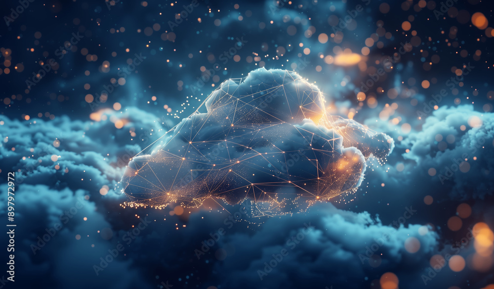 Poster multi-cloud computing strategy illustrated with glowing networks & energy flows, futuristic concept 