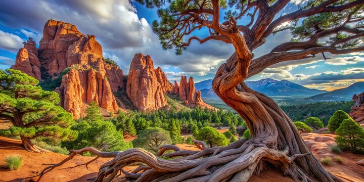 Ancient twisted Juniper trees with gnarled branches and trunks frame the majestic red rock formations of the iconic Garden of the Gods natural landscape.