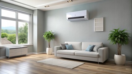 Modern white air conditioning unit mounted on a living room wall, with a sleek design, vents, and a digital display, in a cozy home interior.