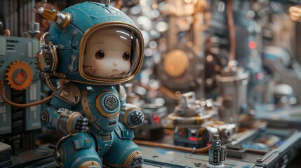 Fototapeta premium Cute newborn babies wearing mini robot clothing, surrounded by gears and mechanical components in a futuristic factory. The theme of 'Future Factory Little Engineer' features imaginative scenes.