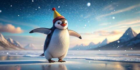 Fototapeta premium A cute penguin wearing a party hat is walking on ice. The penguin is surrounded byç¢Žå†°. The penguin is happy and excited.