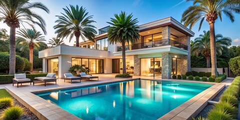 Exquisite modern Mediterranean villa with sleek lines, lavish furnishings, and sparkling turquoise swimming pool surrounded by lush greenery and majestic palm trees.