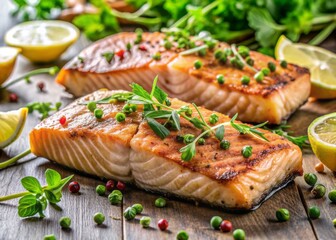 Freshly grilled salmon fillets seasoned with a medley of fragrant herbs, lemon wedges, and microgreens, showcasing a delectable culinary masterpiece in a mouthwatering close-up shot.