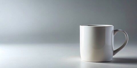 Empty white mug with ample copy space on the side, isolated on a clean background, ideal for showcasing logos, messages, or designs on a coffee cup layout.