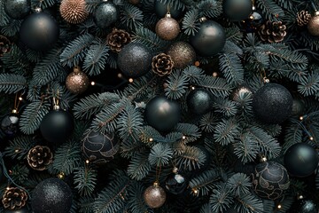 Elegant dark Christmas tree decor with black and gold ornaments