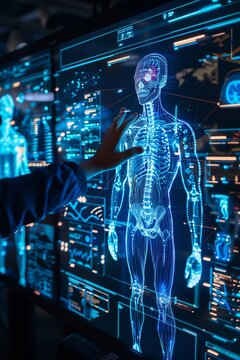 A person analyzing a holographic human body in a hightech medical control room