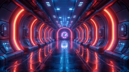 Neon lit sci-fi corridor with futuristic design - generative ai